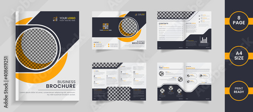 Modern 8 page  corporate brochure template design with black and yellow shapes on a simple white mockup.