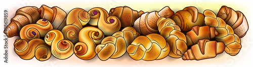 Rolls, bagels, braids hand drawn vector doodles illustration.