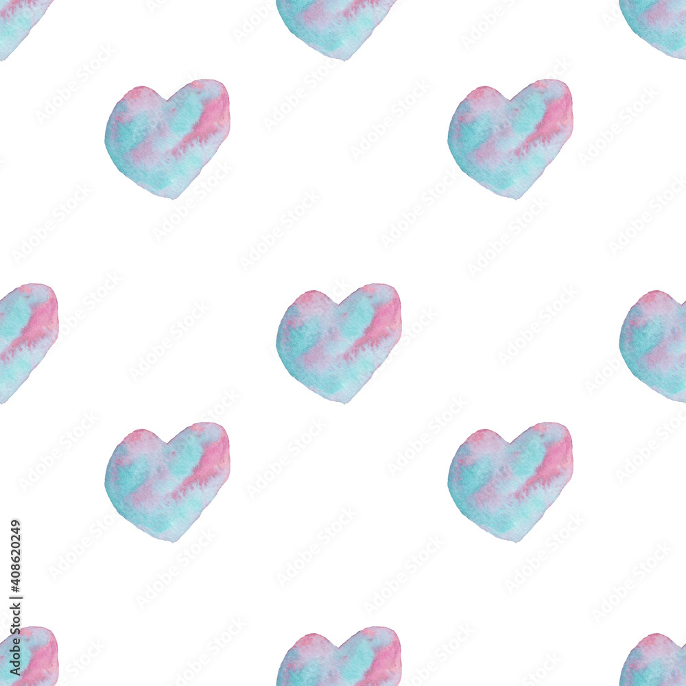 Watercolor blue rose heart seamless pattern. Happy Valentain Day.