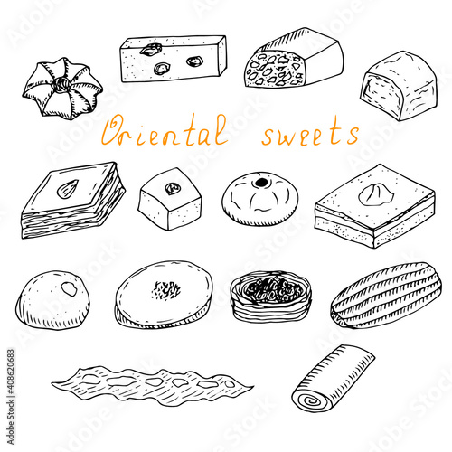 Set of oriental sweets, vector illustration, hand drawing, sketch