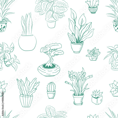Seamless pattern with a set of hand drawn houseplants in pots. Big set cute of hand drawn house plants in pots including cactus, dracena, aloe and others, and garden tools. Vector collection of doodle