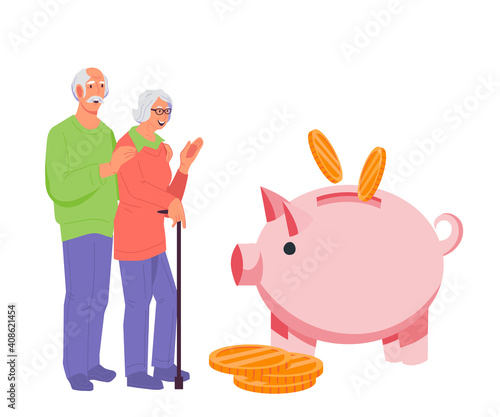 Retirement or pension savings concept with grandparents stand near piggy bank. Pension fund and bank money saving program for elderly people, flat vector illustration isolated on white background.