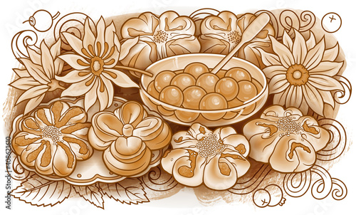 Buns, flowers, jam hand drawn vector doodle illustration