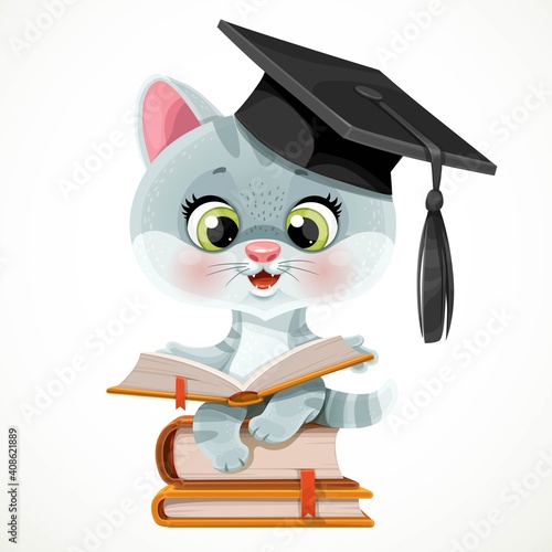 Cute cartoon kitten wearing graduate hat read a book and sit on stack of books isolated on white background