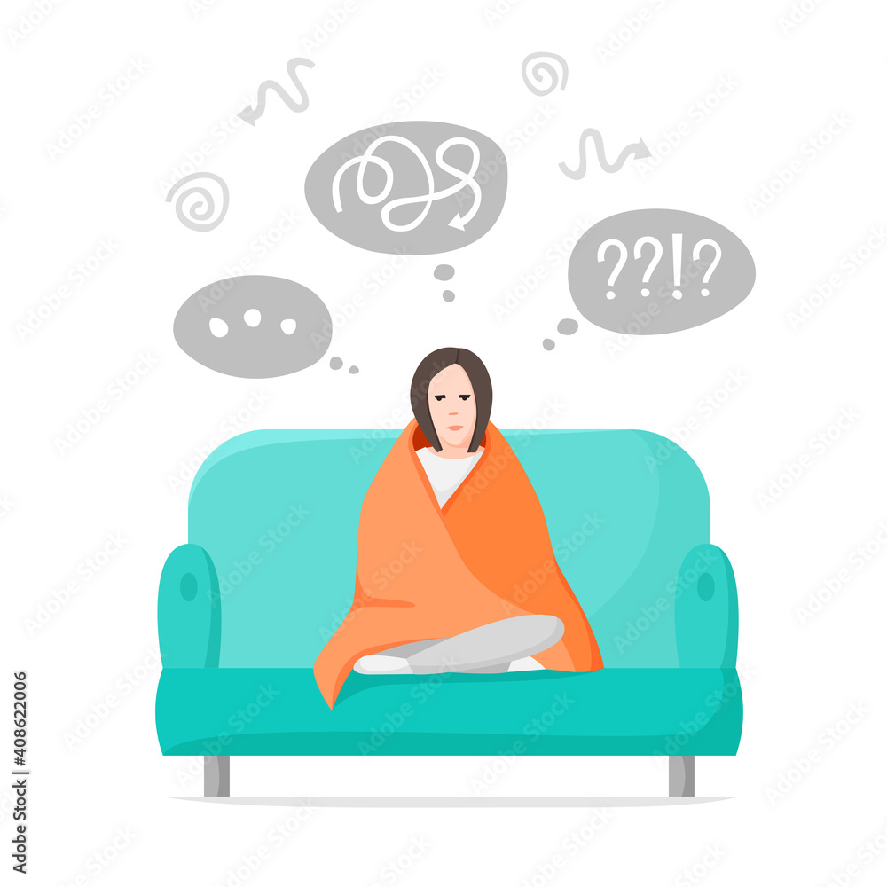 Thinking woman sitting alone at home, many different ideas in head, girl tries to figure something out, concerned about something, difficult thoughts in mind. Self isolation. Vector flat illustration Thinking woman sitting alone at home, many different ideas in head, girl tries to figure something out, concerned about something, difficult thoughts in mind. Self isolation. Vector flat illustration