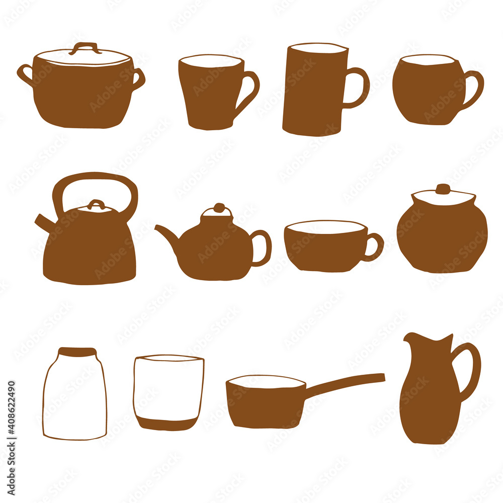 Tableware set, vector illustration, pots, cups and teapots, brown Tableware set, vector illustration, pots, cups and teapots, brown