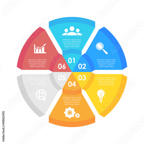 Circle infographics template can be used diagram, presentation or web design. Business concept with 6 options or steps. Vector infographic design.
