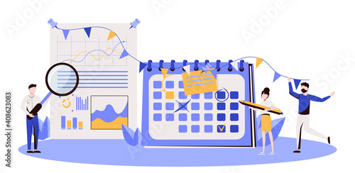 Colleagues preparing for corporate party. Time management, deadline. Brand event. Event brand management, sponsored event organization concept. Bright vibrant violet vector isolated illustration