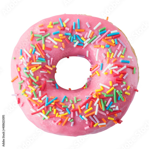 Donut in pink glaze with colored sprinkles. Isolated on a white background.