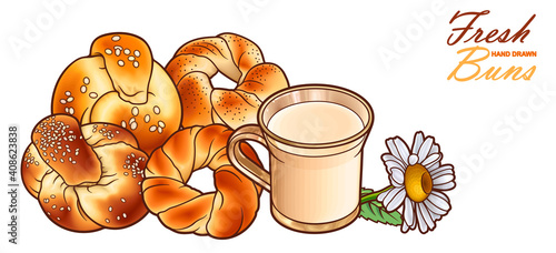 Buns, flowers, milk hand drawn vector doodle illustration.
