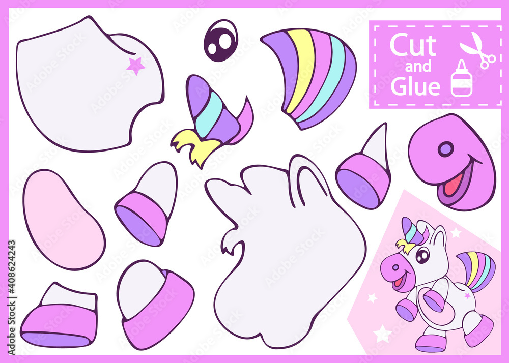 Craft page. Cut and glue the paper unicorn. Children worksheet. Kids art game. Vector illustration.
