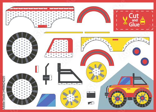 Cut and glue the paper racing car. Children worksheet. Kids art game and activity page. Vector illustration.