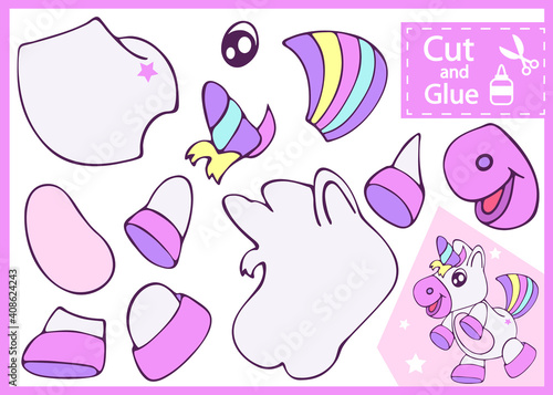 Craft page. Cut and glue the paper unicorn. Children worksheet. Kids art game. Vector illustration.