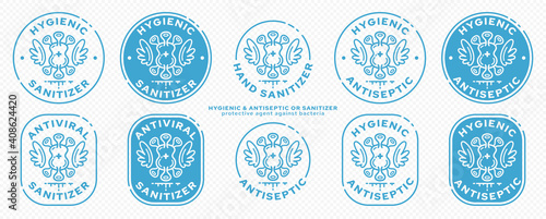 Concept for product packaging. Marking - antibacterial sanitizer. Rubber stamp with bacteria with wings and liquid ingredient - symbol of freedom. Kills, evaporates, bacteria and germs.Vector set.