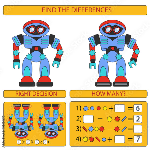 Game find the difference between two robots. Children funny entertainment. android in flat style isolated on white background. Kids tasks for attention. Mathematical exercise. Vector illustration.
