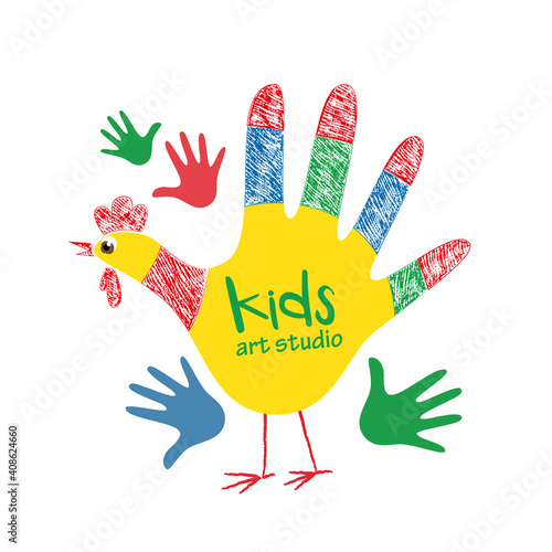 Kids art studio logo design, colorful hand printed cock with text, childrens center, art school label template.