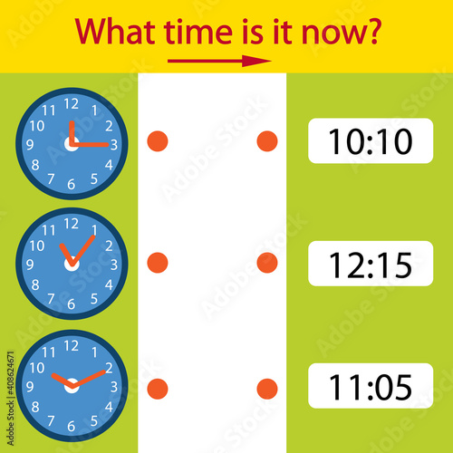 Game riddle the children clock. What time is it now? Children funny entertainment and amusement. Educational Game of Matching time on the watch. Vector illustration.