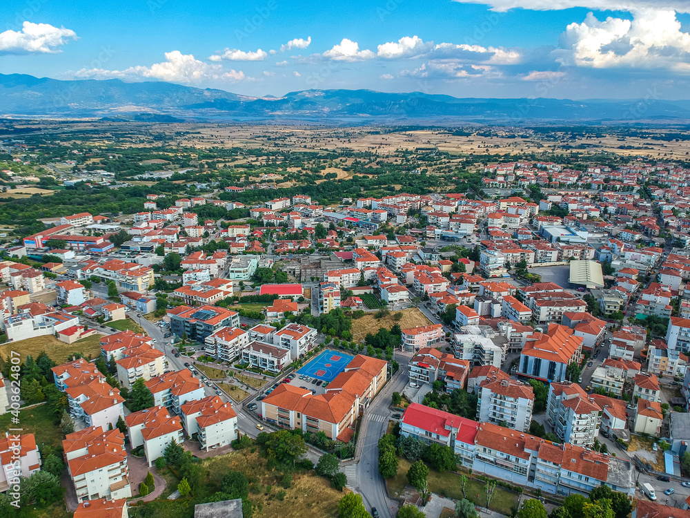 Obraz premium Aerial panoramic view over Kozani city, Greece