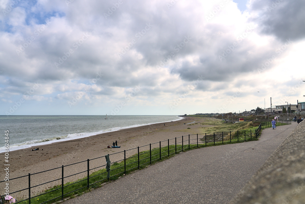 Beautiful view of Greystones South Beach on cloudy day, Greystones, Co. Wicklow, Ireland