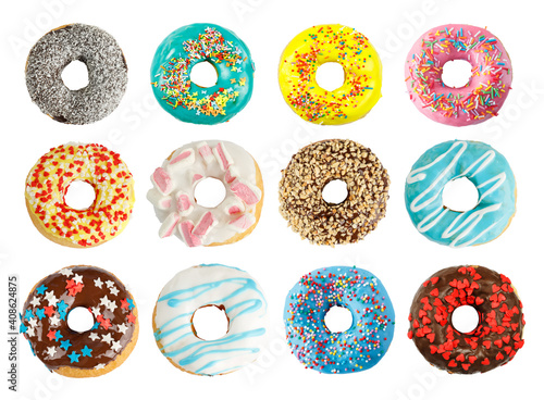 Set of 12 different colorful donuts isolated on white background. In glaze, with chocolate, with sprinkles, topping, marshmallows, coconut. 