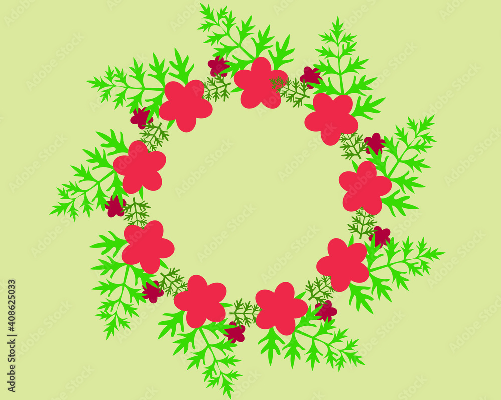 Wreath of abstract red flowers and green openwork leaves Wreath of abstract red flowers and green openwork leaves