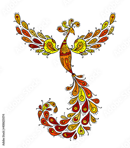 Firebird with a Majestic Tail. Phoenix Bird. Mythical character. Ornamental Silhouette for your design