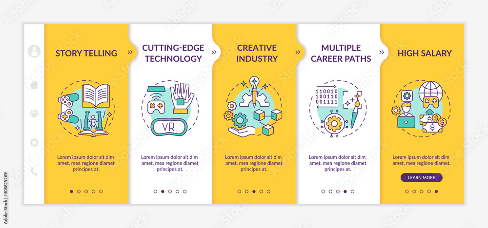 Game design industry benefits onboarding vector template. Cutting edge technology used in products. Responsive mobile website with icons. Webpage walkthrough step screens. RGB color concept