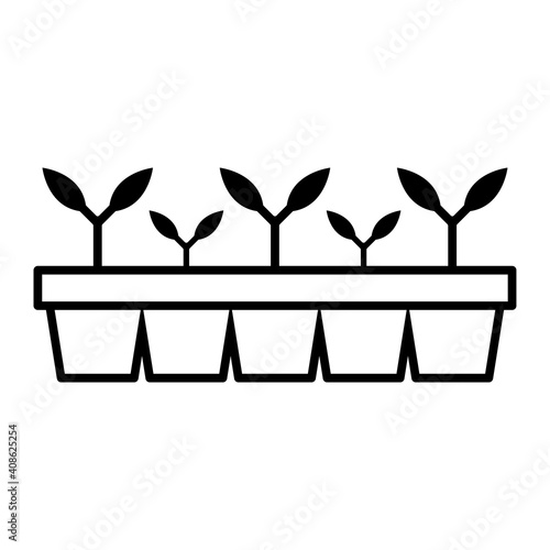 Seedlings in pots icon. Planting seeds. Black contour linear silhouette. Vector flat graphic illustration. The isolated object on a white background. Isolate.