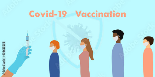 People stand in a queue for vaccination. Horizontal web banner with hand holding medical syringe with vaccine.Virus sign. Disease prevention Covid - 19. Stock vector illustration on blue  isolated bac