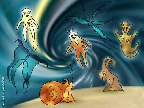 Cute fluid aliens cosmic cartoon characters, humanoid creatures. Mutant aliens in blue outer space.