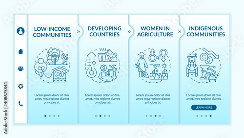 Low-income communities onboarding vector template. Responsive mobile website with icons. Women in agriculture. Developing countries. Webpage walkthrough 4 step screens. RGB color concept