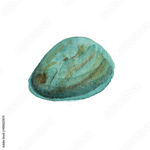 Watercolor sea pebble, blue and turquoise stone. Natural texture with paint splashes. Can be used for print, postcard. Hand drawn raster stock illustration in realism, traditional drawing.