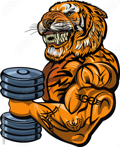 Saber-toothed tiger. Weightlifting power sport. Fitness gym