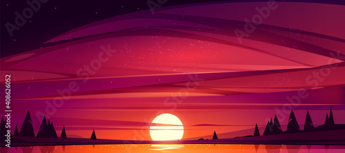 Sunset on lake, red sky with sun going down the pond surrounded with trees. Beautiful nature scenic landscape background, evening heaven view with shining Sol above water. Cartoon vector illustration