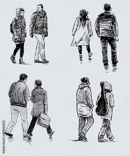 Sketches of casual couple citizens walking down street