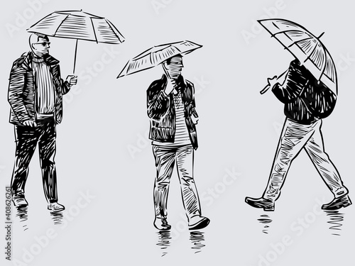 Sketches of casual townsmen  walking under umbrellas along street