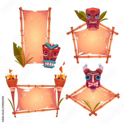 Bamboo frames with tiki masks, old parchment and burning torches, tribal wooden totems, hawaiian or polynesian style borders for hut bar signboard, Cartoon vector illustration, banners or posters set