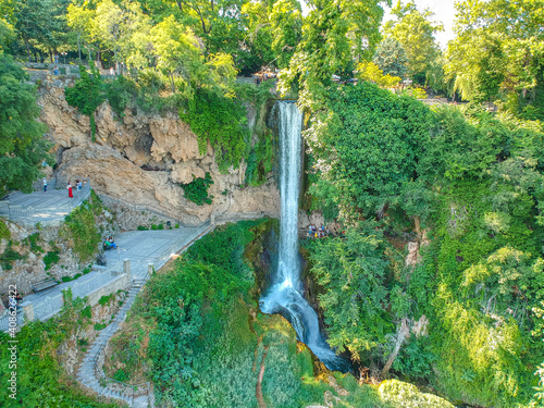 Aerial panoramic view of the powerful waterfalls of Edessa and the surrounded area in Edessa city, Greece