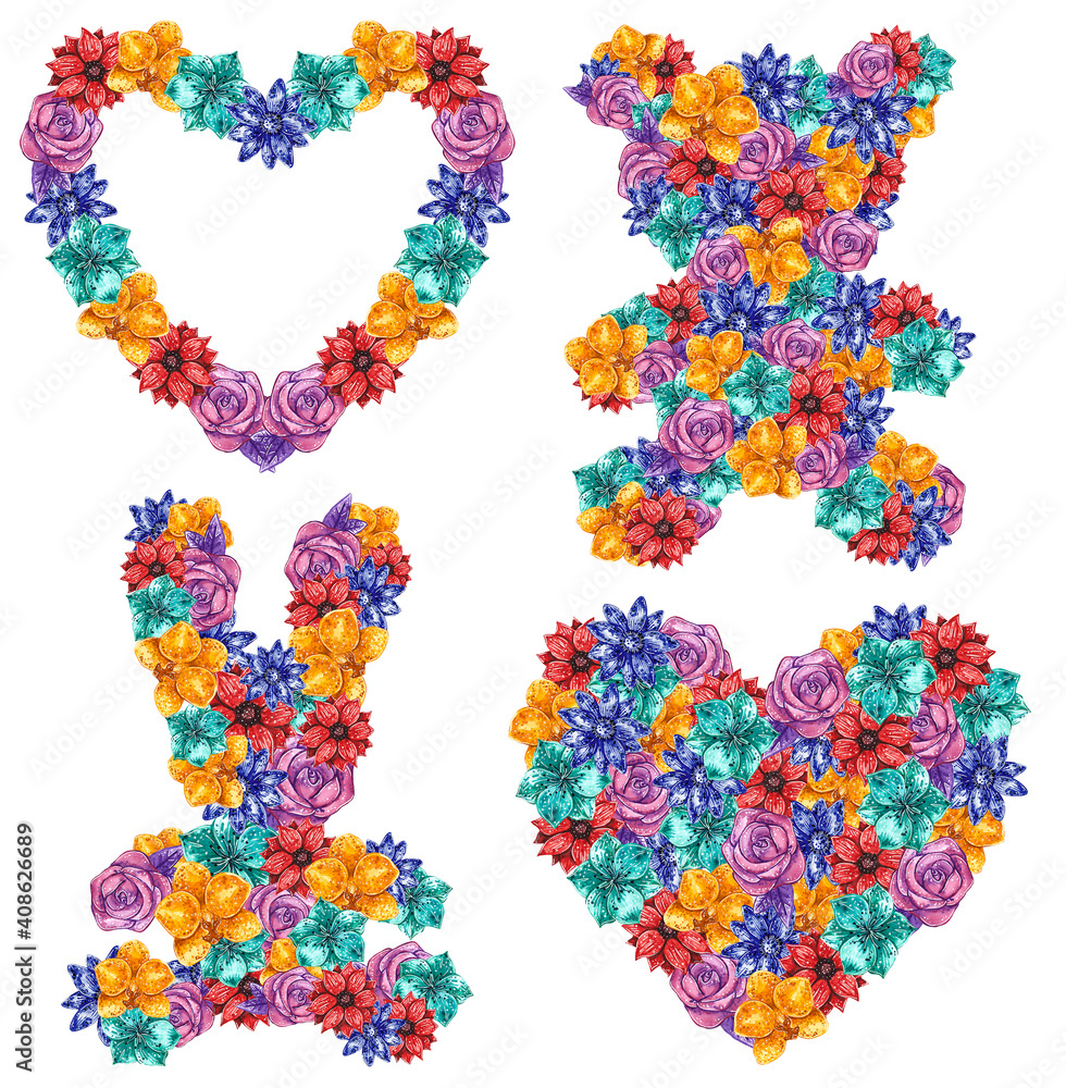 Set of botanical heart shaped silhouettes made of flowers in yellow, purple, blue, turquoise and red colors. Rabbit toy and bear toy. Hand drawn watercolor illustration.