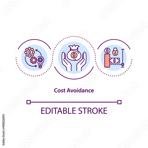 Cost avoidance concept icon. Expenses for manufacturing and creating different products. Company economics idea thin line illustration. Vector isolated outline RGB color drawing. Editable stroke