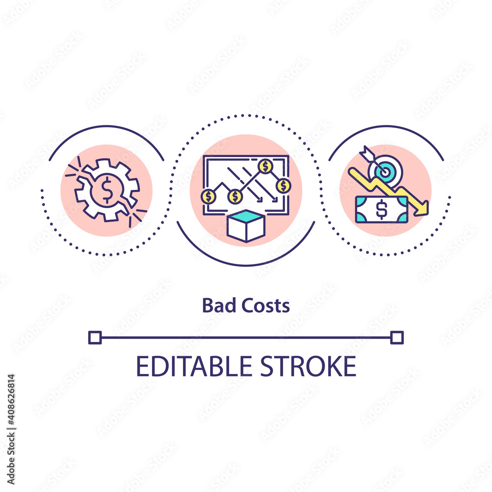 Bad costs concept icon. Expenses that do not match up with company growth strategy and waste resources. Business idea thin line illustration. Vector isolated outline RGB color drawing. Editable stroke