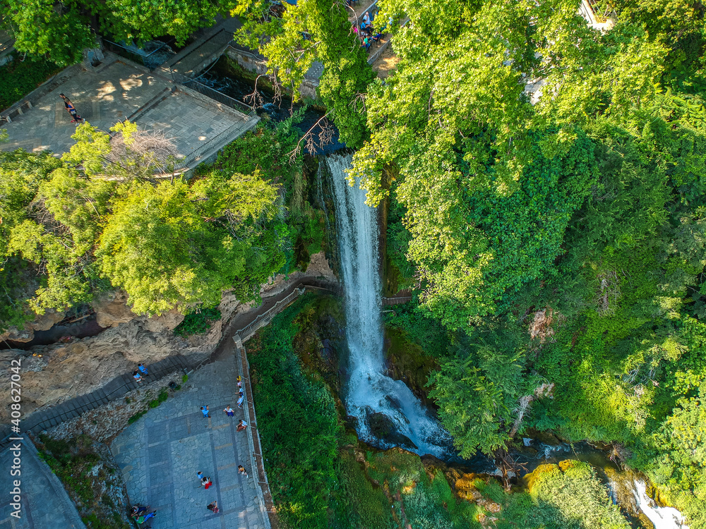 Aerial panoramic view of the powerful waterfalls of Edessa and the surrounded area in Edessa city, Greece