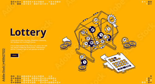 Lottery banner. Gambling, win in bingo games concept. Vector landing page of games of luck with isometric illustration of lotto machine, balls with numbers, tickets and money photo