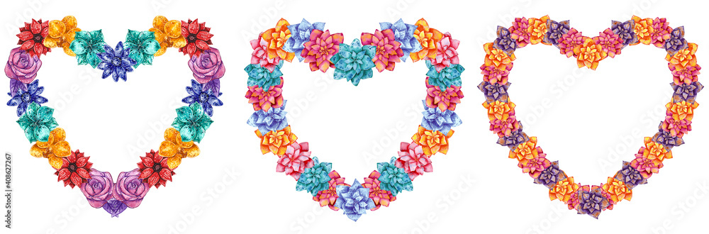 Set of botanical heart shaped wreaths made of different flowers in orange, purple, blue, turquoise and pink colors. Hand drawn watercolor illustration.
