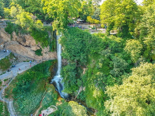 Aerial panoramic view of the powerful waterfalls of Edessa and the surrounded area in Edessa city, Greece