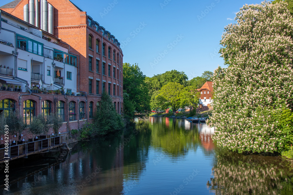 View of historic buildings on the Elster river in Leipzig's scene district Schleussig, Leipzig, Germany