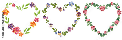 Set of botanical heart shaped wreaths made of viola, dahlia and rose flowers in orange, purple, blue, turquoise and pink colors. Hand drawn watercolor illustration.