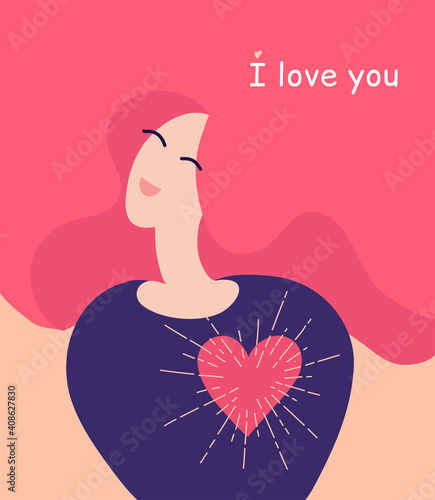I love you. Saint Valentine's Day greeting card.  Love yourself concept. Woman with big shining heart. Smiling girl with pink hair and quote. Love message. Cute banner. Happy mother, mom in love.