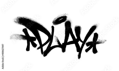 Sprayed play font graffiti with overspray in black over white. Vector illustration.