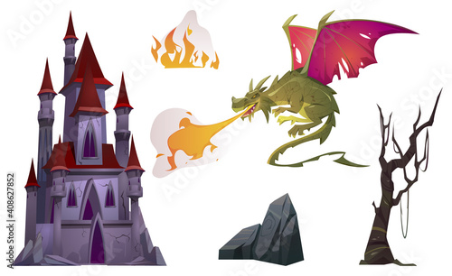 Dragon breath with fire, old castle, tree and rock cartoon set. Fantasy character, magic palace, natural objects fairytale images for book or computer game, vector icons isolated on white background.